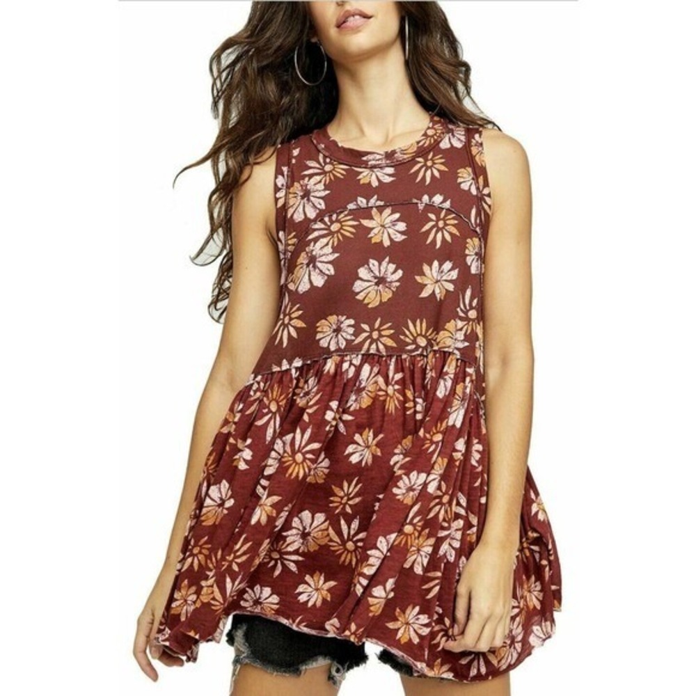 Free People Madison babydoll Tunic Tank Top Multi Combo dark red XS A006515